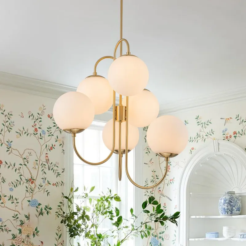 Mid-Century 6-Light Goose Arm Opal Glass Globe Tiered Chandelier — LightFixturesUSA LED Pendant Lights 40.0W 
