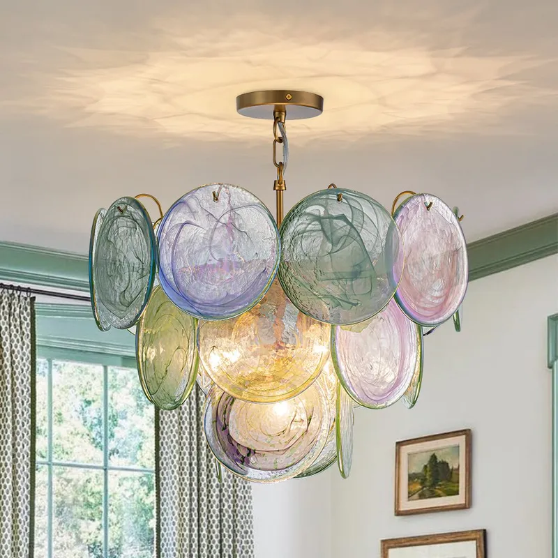 Art Deco Green Iridescent Swirl Glass Tiered Chandelier — LightFixturesUSA LED Pendant Lights 40.0W 