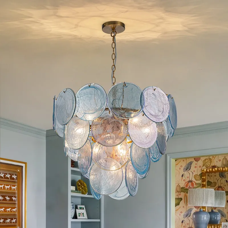 Glam Blue Iridescent Swirl Glass Round Tiered Chandelier — LightFixturesUSA LED Pendant Lights 40.0W 