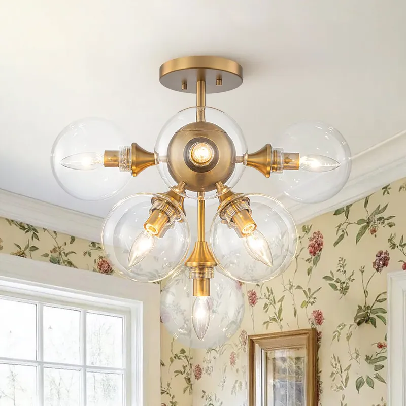 Mid-Century Brass Glass Bubble Tiered Semi Flush Chandelier — LightFixturesUSA LED Pendant Lights 40.0W 
