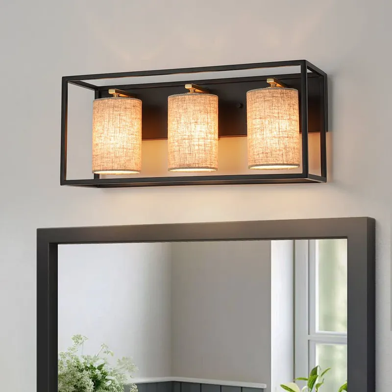 3-light Rectangular Black Frame Linen Wall Sconce — LightFixturesUSA LED Wall Lights 60.0W 