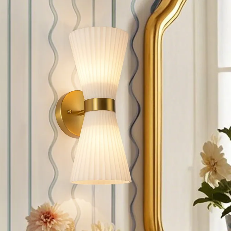 Modern 2-Light Up Down Pleated Glass Cone Wall Sconce — LightFixturesUSA LED Wall Lights 60.0W 