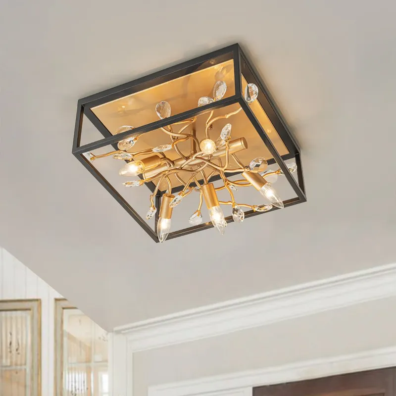 Black Brass Crystal Branch Square Lantern Flush Mount Light — LightFixturesUSA LED Ceiling Lights 40.0W 