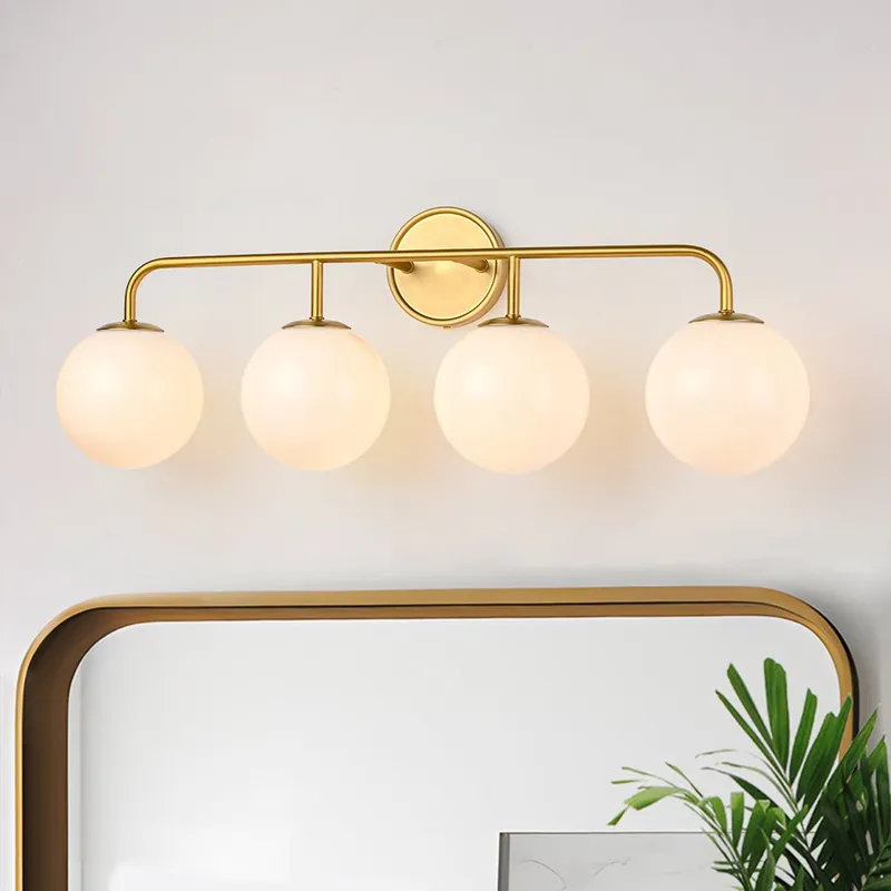 Mid-century Shine Opal Glass Globe Brass Vanity Light — LightFixturesUSA LED Wall Lights 40.0W 
