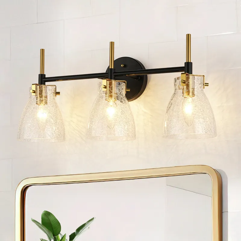 3-Light Black Brass Bell Glass Shade Vanity Wall Lamp — LightFixturesUSA LED Wall Lights 60.0W 