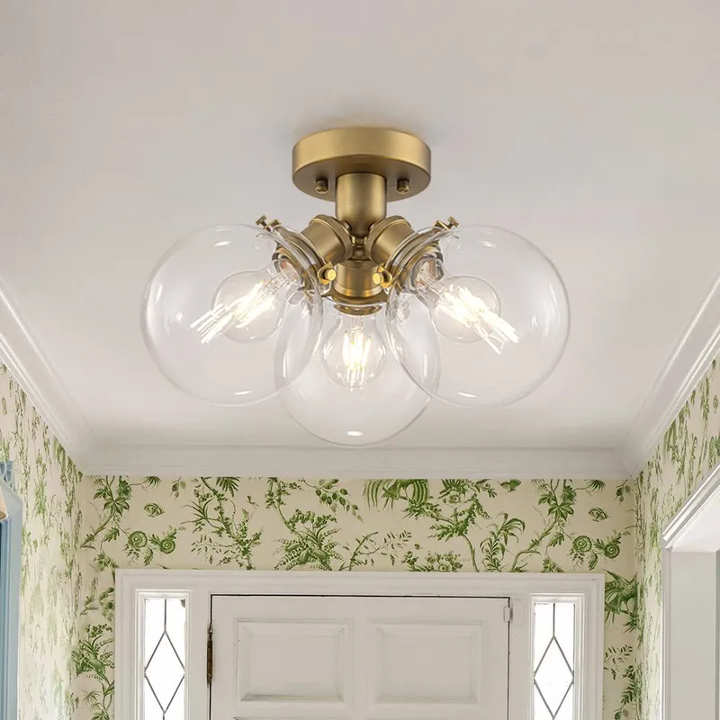 Brass 3-Light Clear Glass Glass Globe Ceiling Light — LightFixturesUSA LED Ceiling Lights 40.0W 