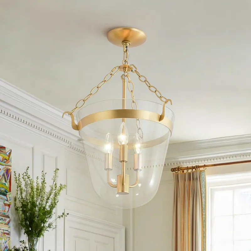 3-Light Clear Glass Bell Jar Lantern Pendant / Semi Flush — LightFixturesUSA LED Pendant Lights 60.0W 