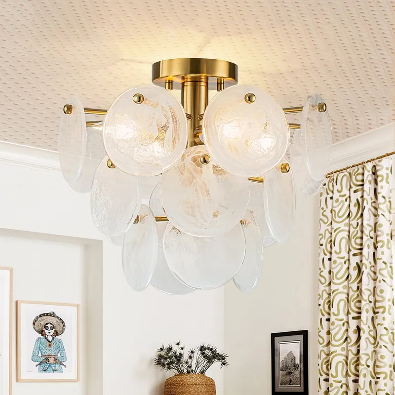 (OpenBox) Brass Tiered Opal Swirl Glass Semi Flush Chandelier — LightFixturesUSA LED Pendant Lights 40.0W 