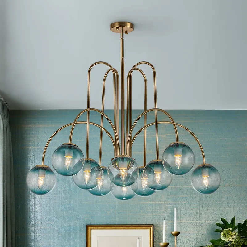 (OpenBox) Glam 10-Light Blue Glass Globe Bubble Chandelier — LightFixturesUSA LED Pendant Lights 25.0W 