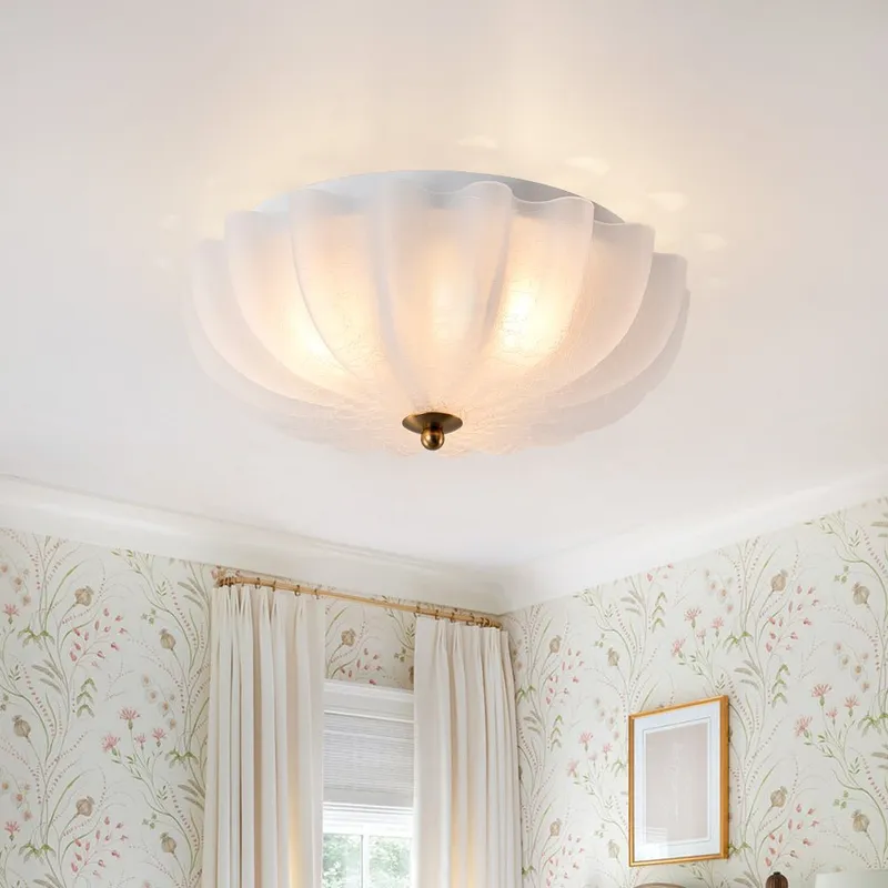 Boho Pleated Flower White Crackled Glass Semi Flush — LightFixturesUSA LED Ceiling Lights 40.0W 