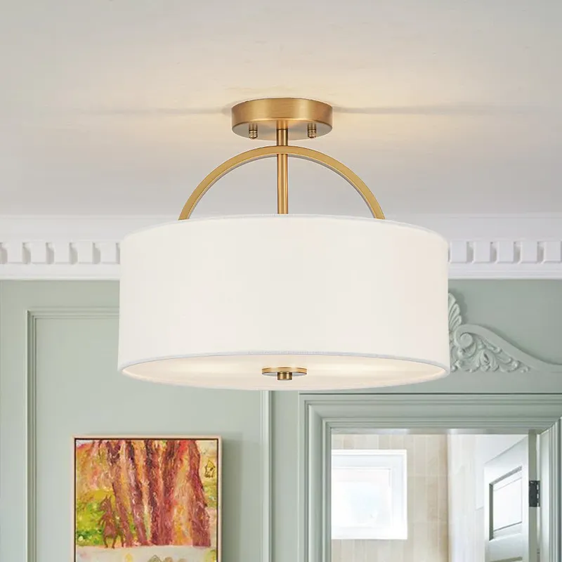 Mid-Century Brass Wide Linen Drum Semi Flush Mount — LightFixturesUSA LED Ceiling Lights 40.0W 