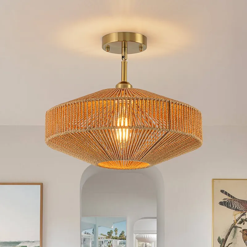 Bohemian Brown Woven Hemp Rope Cage Ceiling Light — LightFixturesUSA LED Ceiling Lights 60.0W 