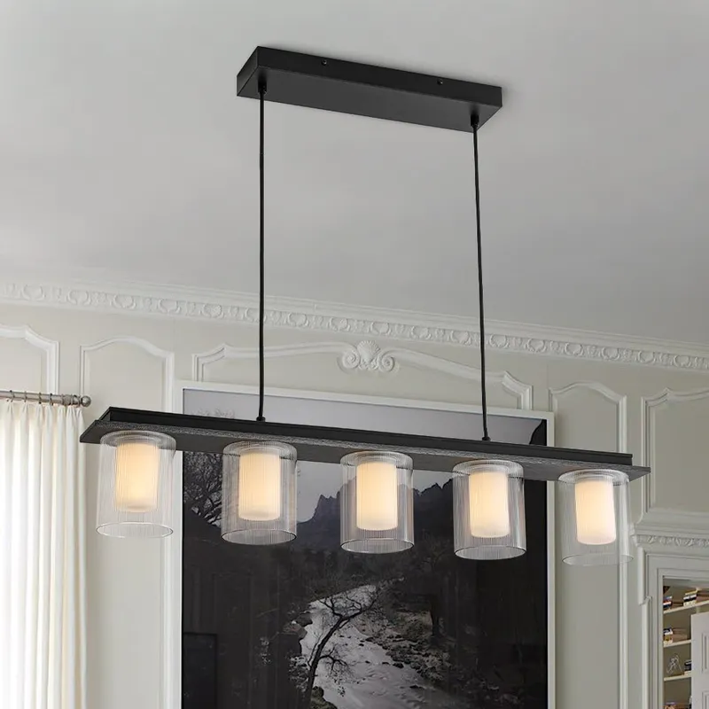 Dimmable LED Ribbed Glass Shade Kitchen Island Chandelier — LightFixturesUSA LED Pendant Lights 40.0W 3000K