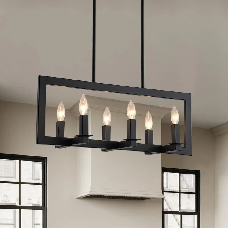 Industrial 6-Light Candle Style Black Rectangular Island Chandelier — LightFixturesUSA LED Linear Lights 60.0W 