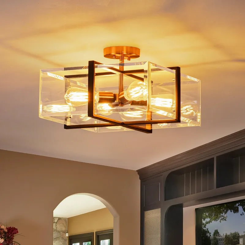 Modern Black Brass Clear Glass Square Cage Semi Flush Mount — LightFixturesUSA LED Ceiling Lights 60.0W 