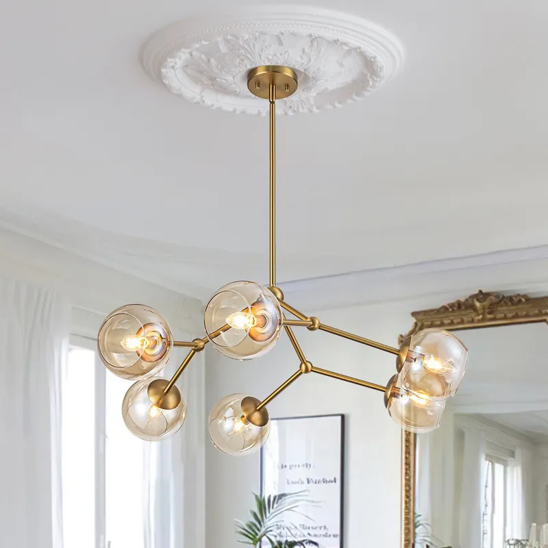 6-Light Amber Glass Globe Branch Sputnik Chandelier — LightFixturesUSA LED Pendant Lights 60.0W 