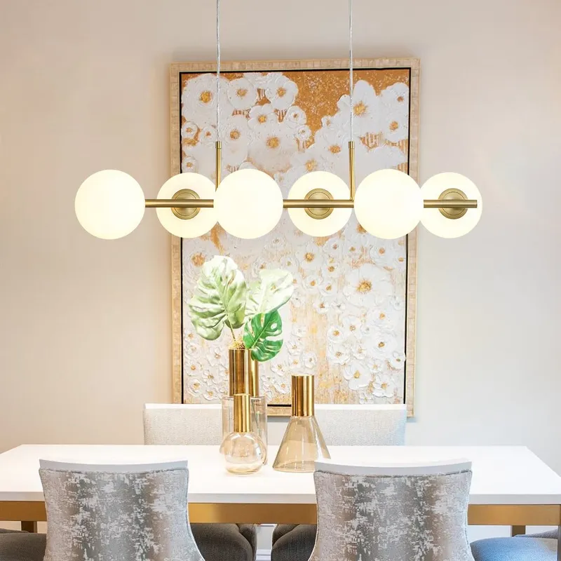 6-Light Opal Glass Globe Linear Island Chandelier — LightFixturesUSA LED Linear Lights 40.0W 