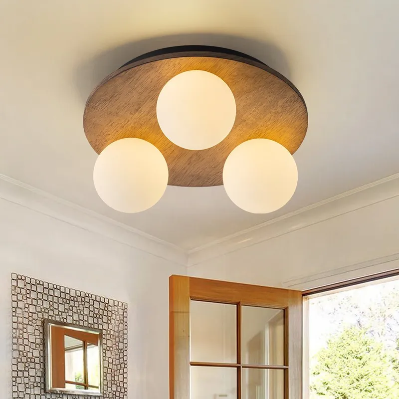 Rural Frosted Glass Globe Wooden Round Semi Flush Mount — LightFixturesUSA LED Ceiling Lights 5.0W 