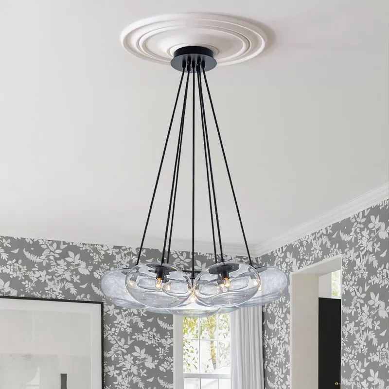 Black 7-Light Cluster Clear Glass Oval Globe Chandelier — LightFixturesUSA LED Pendant Lights 40.0W 