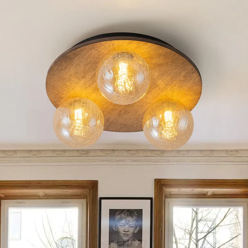 Farmhouse Amber Textured Glass Wooden Round Ceiling Light — LightFixturesUSA LED Ceiling Lights 5.0W 