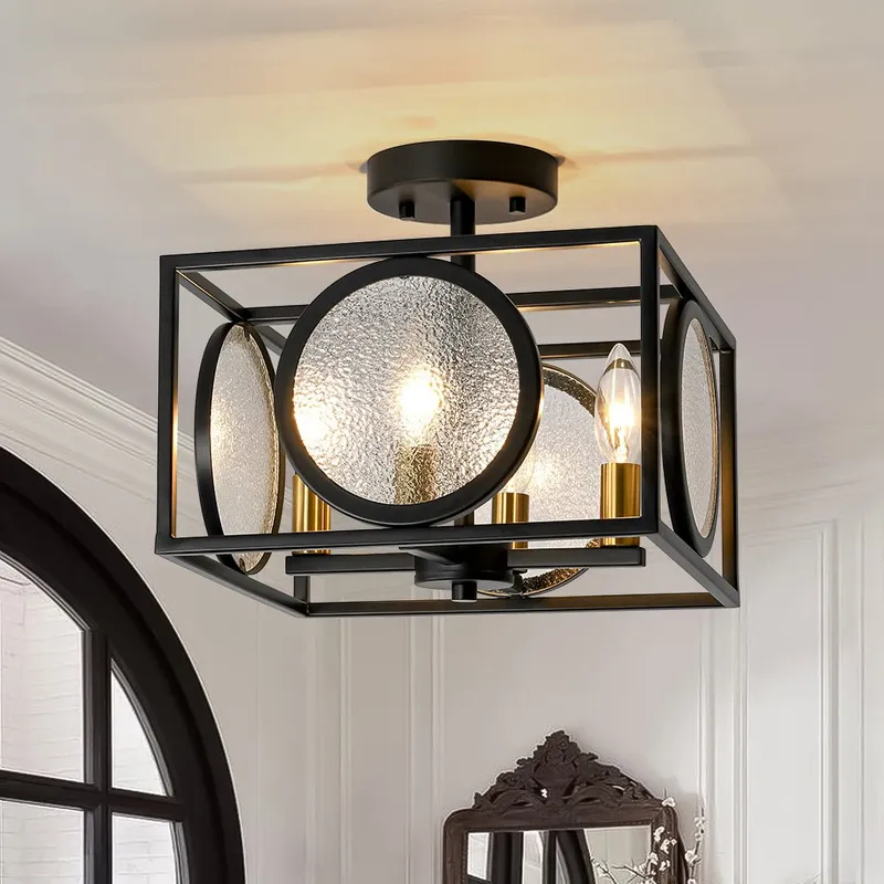 4-light Textured Glass Square Lantern Semi Flush Mount — LightFixturesUSA LED Ceiling Lights 60.0W 