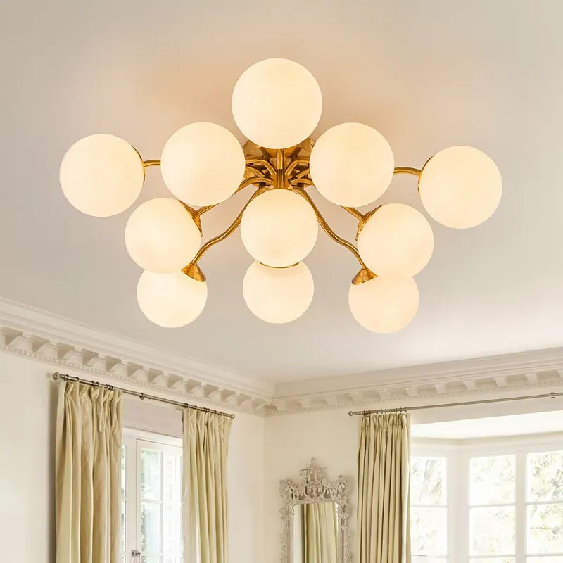 (OpenBox) Bloom Brass Frosted Glass Bubble Semi Flush Chandelier — LightFixturesUSA LED Pendant Lights 25.0W 
