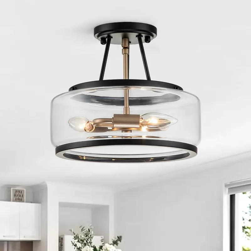 (OpenBox) Modern Farmhouse Drum Glass Semi Flush Mount — LightFixturesUSA LED Ceiling Lights 40.0W 