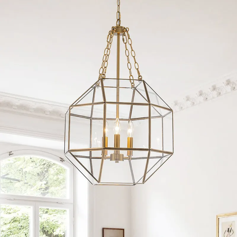 Brass Clear Glass Geometric Cube Lantern Pendant Light — LightFixturesUSA LED Pendant Lights 60.0W 