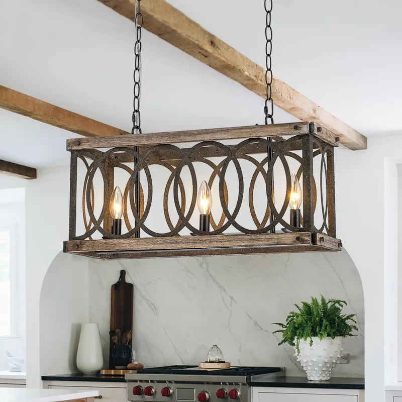Rustic Aged Wooden Rectangle Box Kitchen Island Pendant — LightFixturesUSA LED Pendant Lights 40.0W 