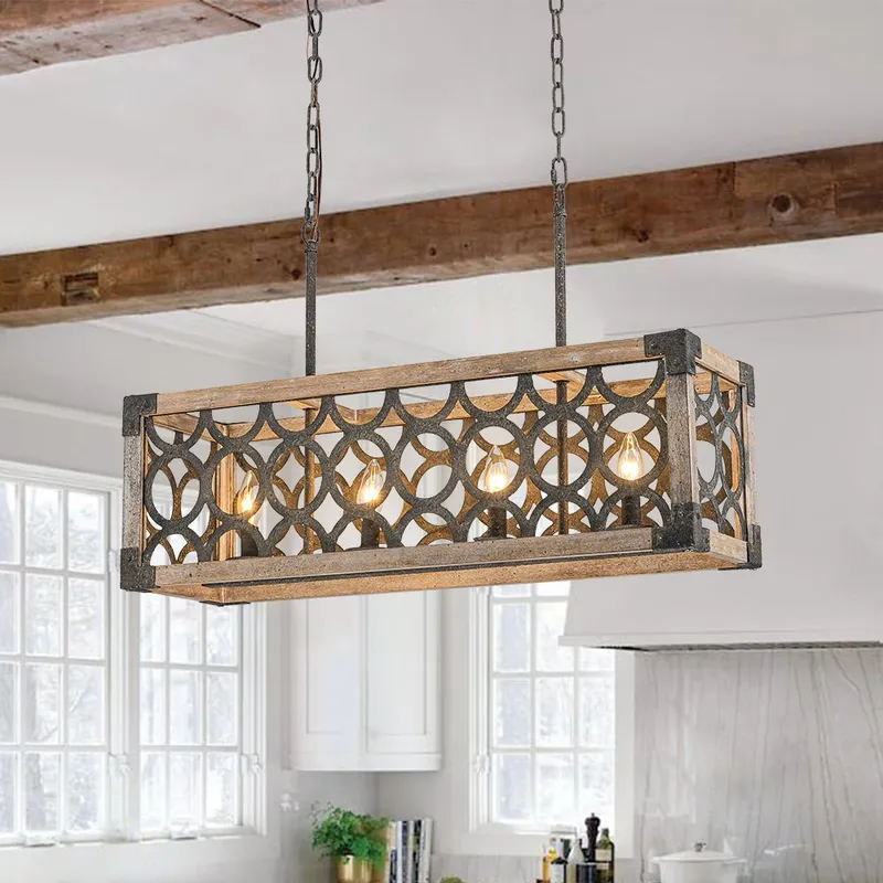 Farmhouse Antique Wooden Rectangle Box Linear Chandelier — LightFixturesUSA LED Linear Lights 40.0W 