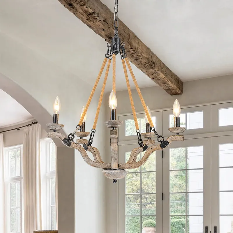Rustic Hemp Rope Wooden Round Candle Chandelier — LightFixturesUSA LED Pendant Lights 40.0W 