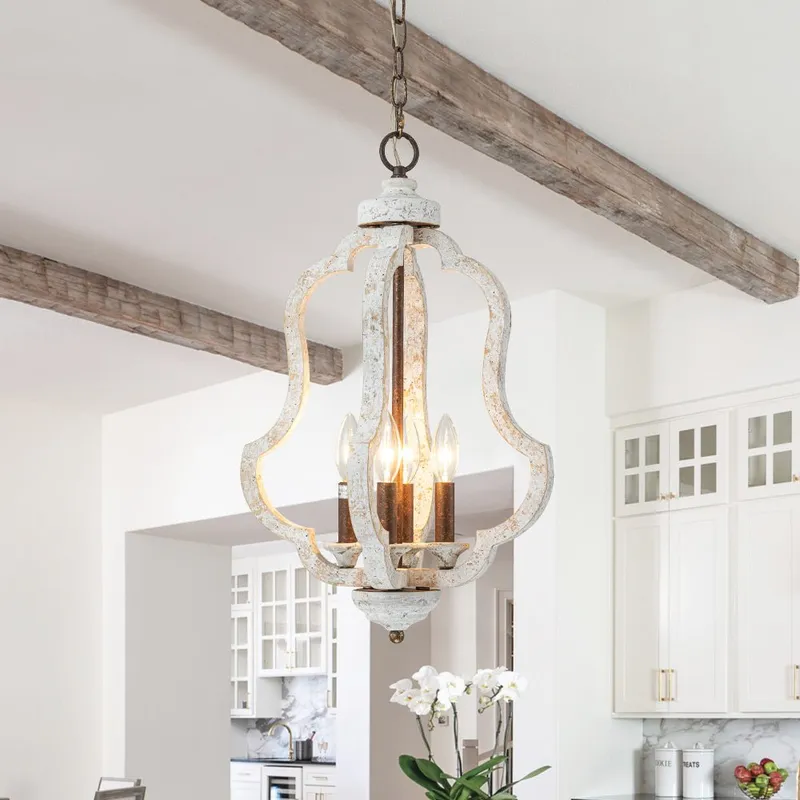 Rustic 4-Light Whitewashed Wood Cage Pendant Light — LightFixturesUSA LED Pendant Lights 40.0W 