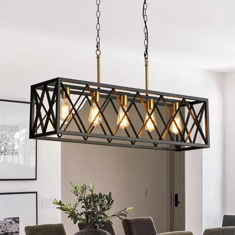 Matte Black 5-Light Cross Framed Box Kitchen Island Chandelier — LightFixturesUSA LED Pendant Lights 60.0W 
