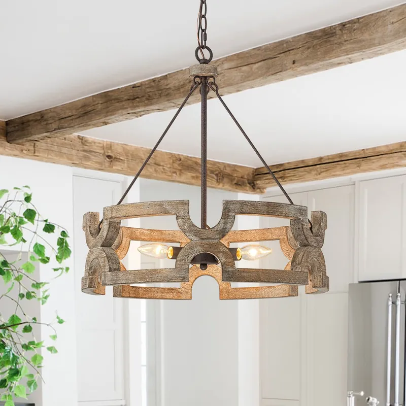 3-Light Farmhouse Open Aged Wood Drum Pendant Light — LightFixturesUSA LED Pendant Lights 40.0W 