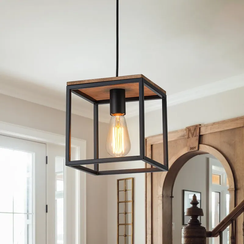 Aged Oak Iron Square Cage Single Kitchen Pendant Light — LightFixturesUSA LED Pendant Lights 60.0W 