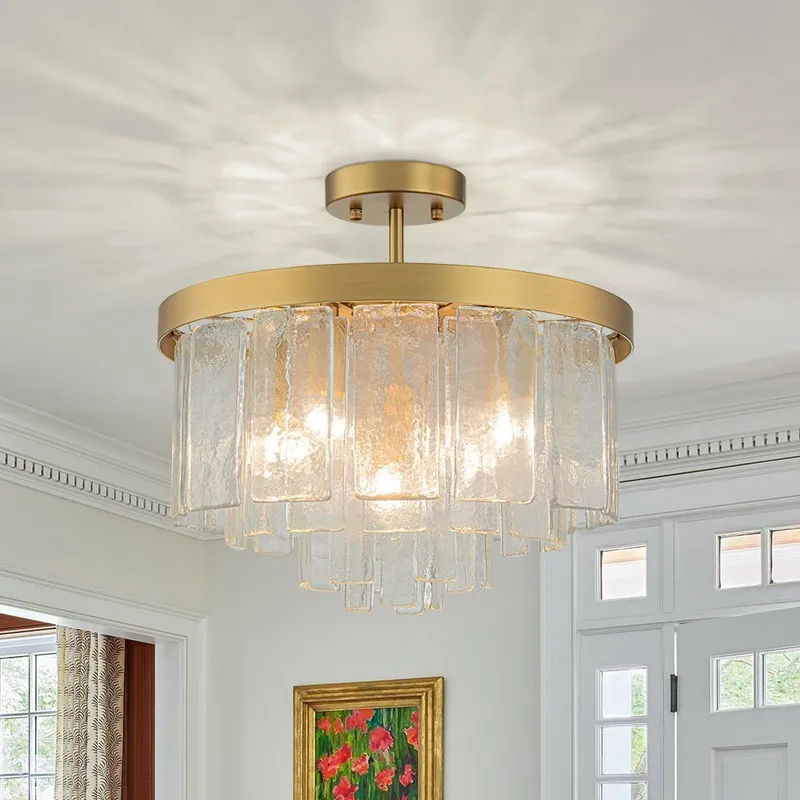 (OpenBox) Tiered Hammered Water Glass Round Semi Flush Mount — LightFixturesUSA LED Ceiling Lights 40.0W 