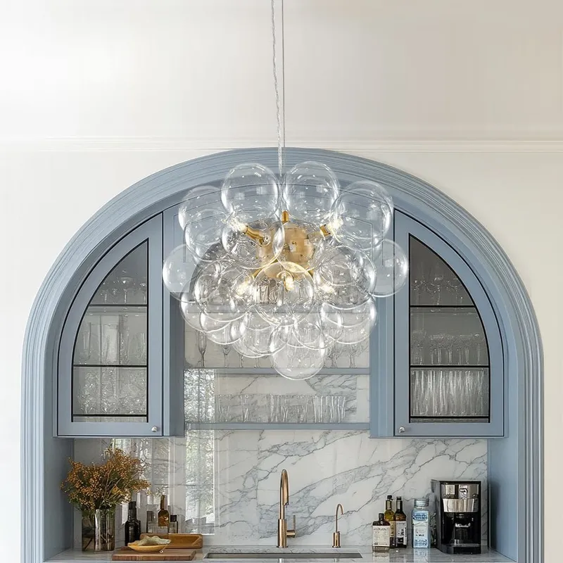 (OpenBox) 6-Light Dimmable Brass Cluster Clear Glass Bubble Sphere Chandelier — LightFixturesUSA LED Pendant Lights 25.0W 