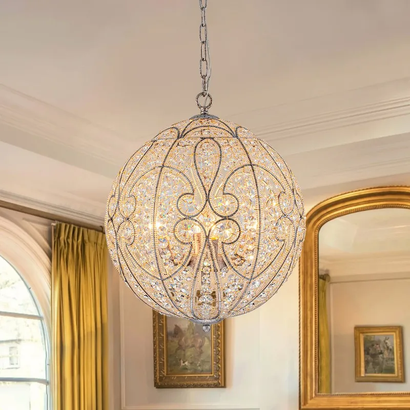 Glam Shabby Chic Crystal Globe Chandelier Distressed Silver — LightFixturesUSA LED Pendant Lights 60.0W 