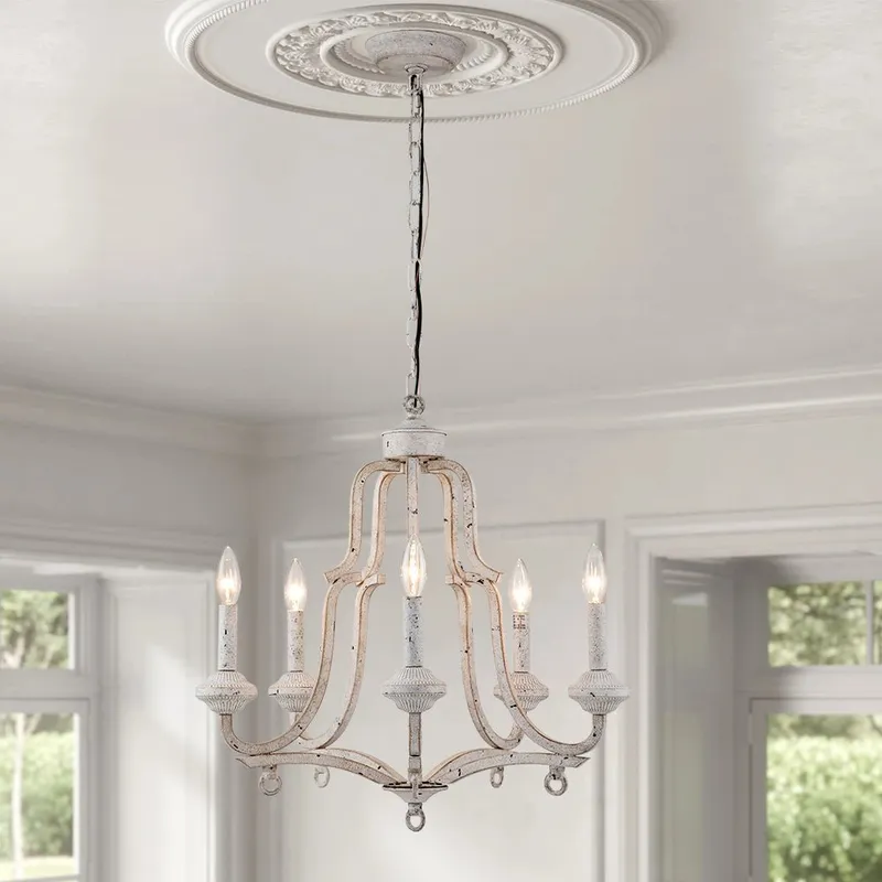 (OpenBox) Distressed White Shabby Chic Candle Style Chandelier — LightFixturesUSA LED Pendant Lights 40.0W 