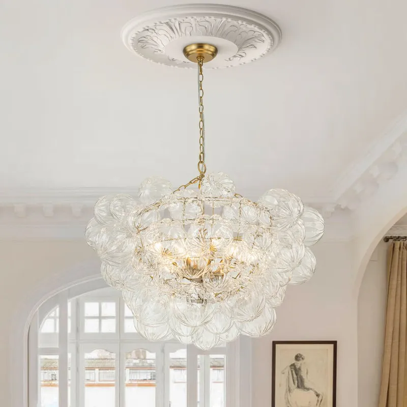 (OpenBox) Brass Cluster Sculpture Texture Glass Globe Bubble Chandelier — LightFixturesUSA LED Pendant Lights 40.0W 