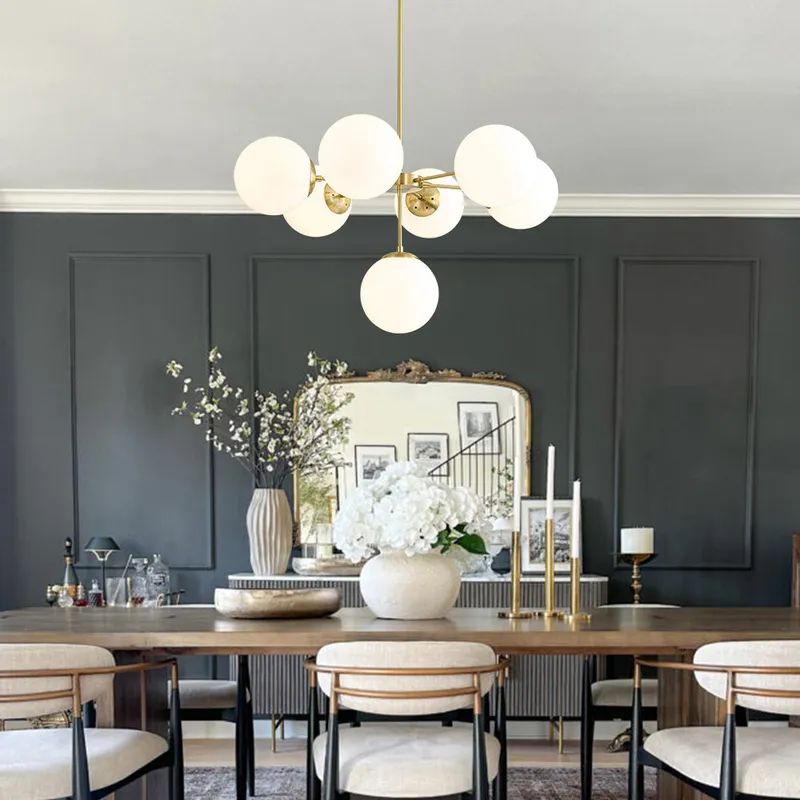 Mid-Century 7-light Brass Opal Glass Globe Sputnik Chandelier — LightFixturesUSA LED Pendant Lights 40.0W 
