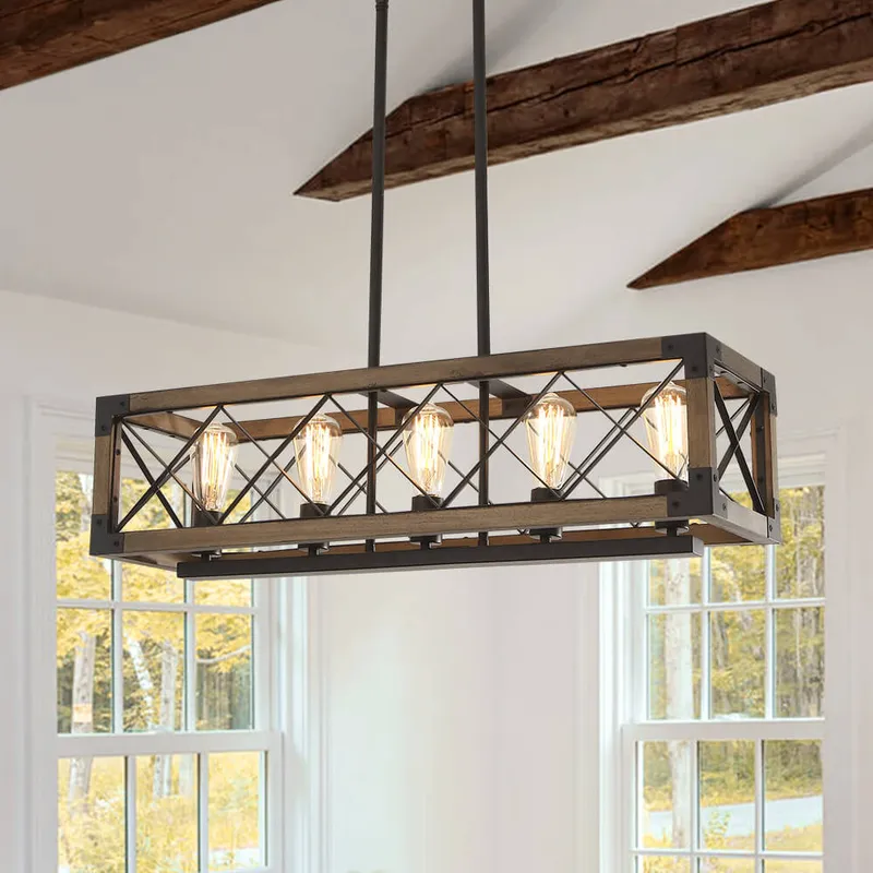 (OpenBox) Farmhouse 5-Light Rectangle Wood Chandelier — LightFixturesUSA LED Pendant Lights 40.0W 