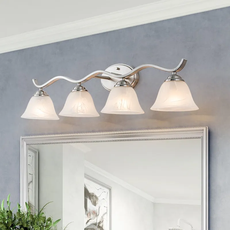 Nickel 4-Light Cloud Glass Bell Shade Vanity Light — LightFixturesUSA LED Wall Lights 60.0W 