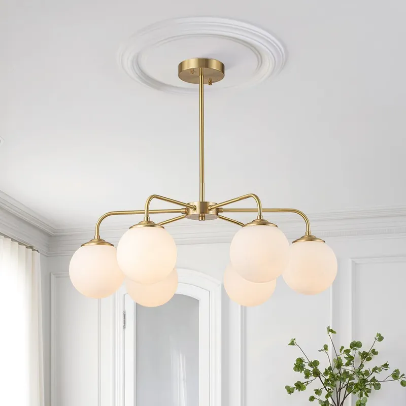 (OpenBox) Brass 6-Light Milky White Globe Round Chandelier — LightFixturesUSA LED Pendant Lights 40.0W 