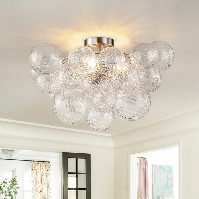 (OpenBox) 3-Light Cluster Ribbed Glass Bubble Semi Flush Chandelier — LightFixturesUSA LED Pendant Lights 40.0W 