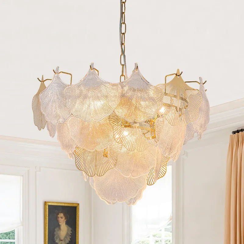 French Tiered Ginkgo Leaf Textured Glass Round Chandelier — LightFixturesUSA LED Pendant Lights 40.0W 