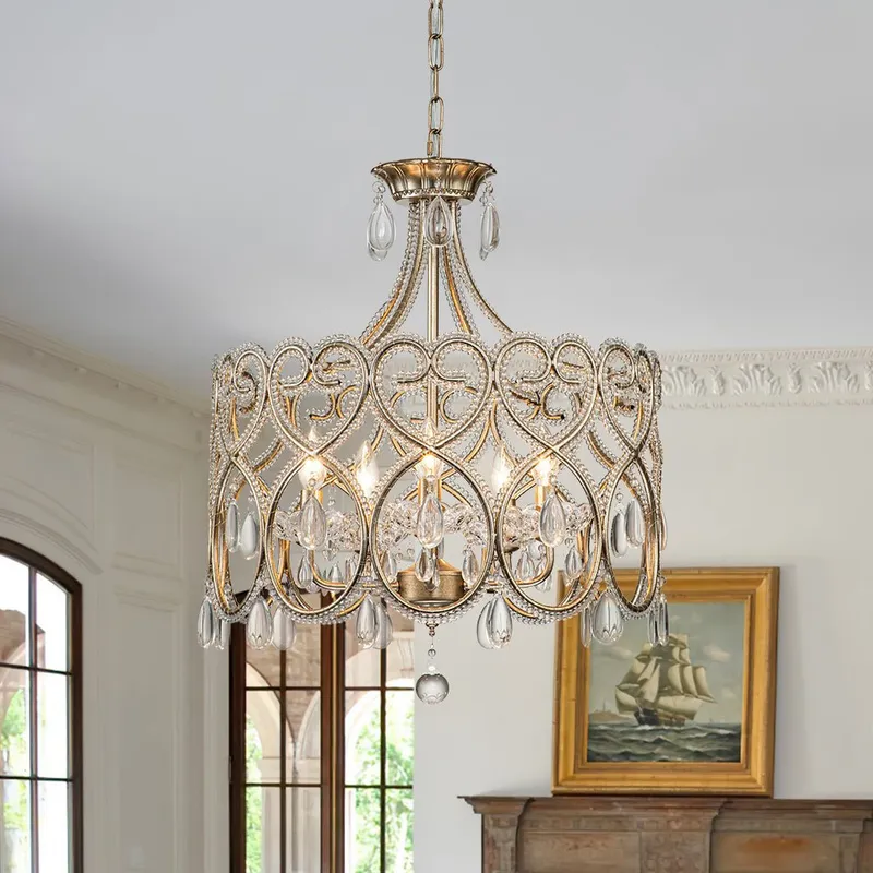 French Antique 5-Light Crystal Accents Drum Chandelier — LightFixturesUSA LED Pendant Lights 40.0W 