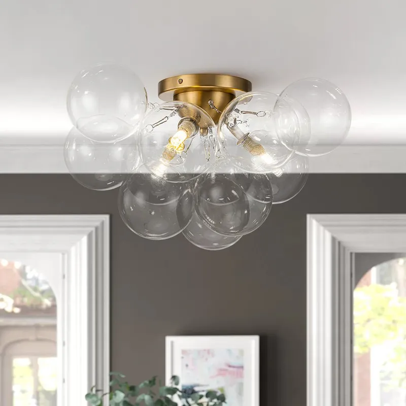3-Light Brass Cluster Clear Glass Globe Bubble Ceiling Light — LightFixturesUSA LED Ceiling Lights 40.0W 