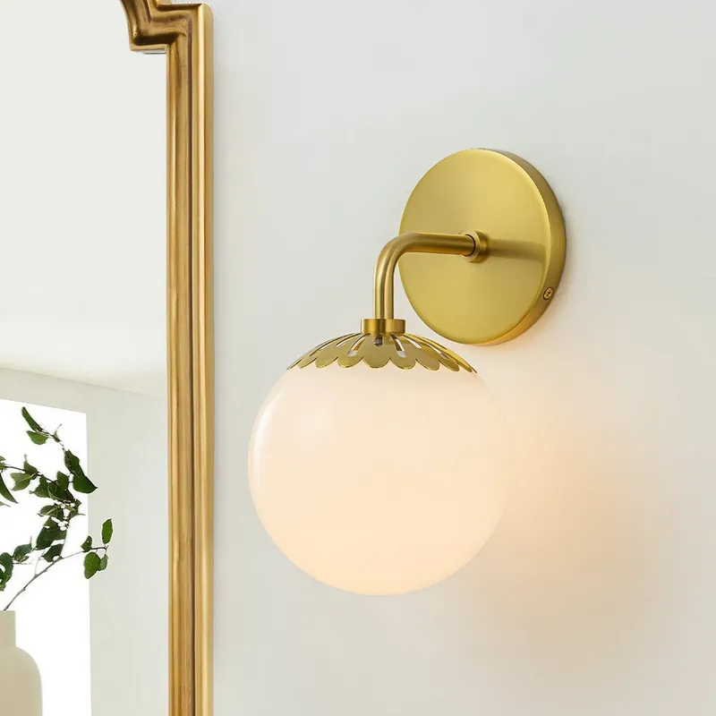 Brass Daisy 1-Light Opal Glass Globe Wall Lamp — LightFixturesUSA LED Wall Lights 60.0W 