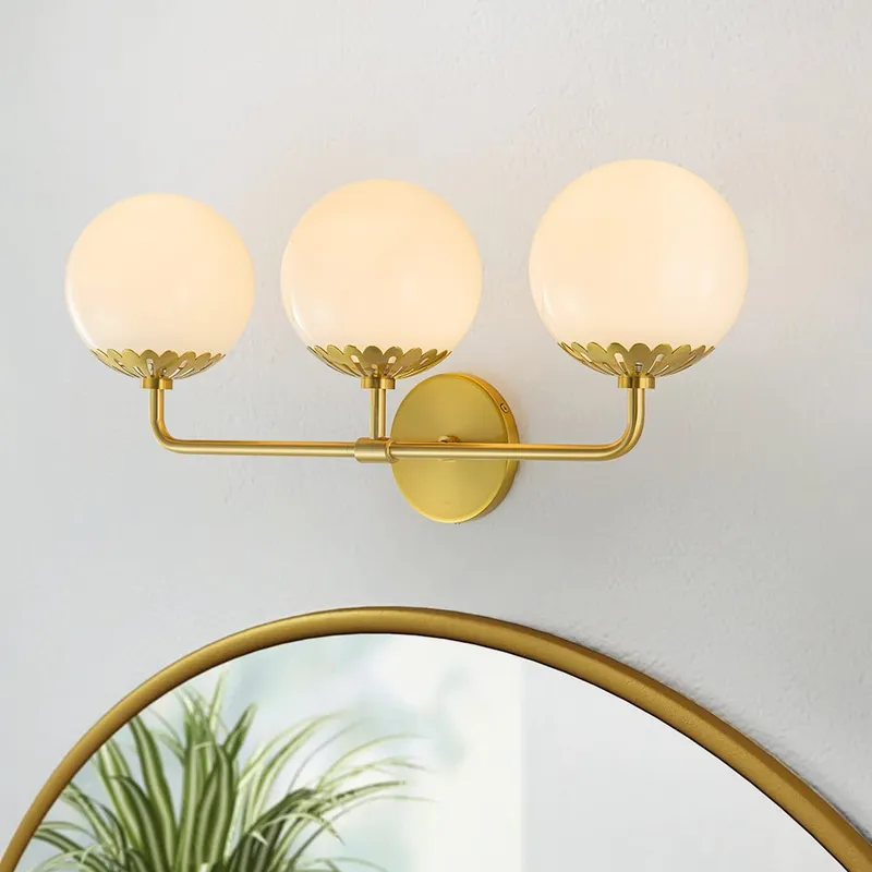 Brass Daisy 3-Light Opal Glass Globe Vanity Light — LightFixturesUSA LED Wall Lights 40.0W 
